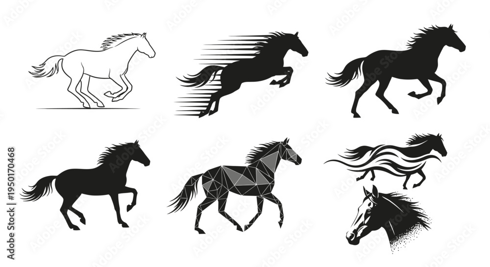 Obraz premium Dynamic running horse silhouettes including geometric low poly style and fast motion blur effect illustrations
