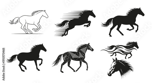 Dynamic running horse silhouettes including geometric low poly style and fast motion blur effect illustrations