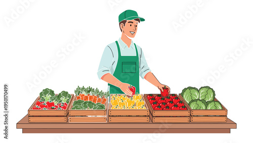 Fresh Harvest Showcase: A friendly vendor presents a colorful array of fresh produce at an outdoor market stall. The image evokes a sense of freshness and community.