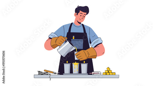 Candle Making Process: A craftsman pours liquid wax into molds, a focused scene depicting the art of candle making, evoking creativity and craftsmanship.