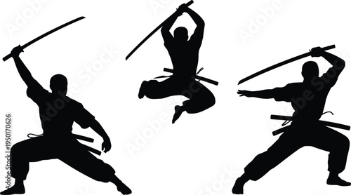 Silhouette of Japanese samurai warriors in various dynamic fighting poses with sharp katanas