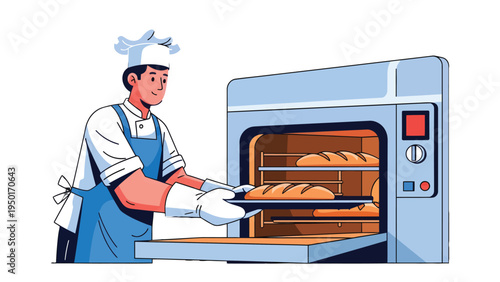 Chef's Culinary Creation: A chef in a pristine kitchen, gently removes golden-brown loaf from an industrial oven, symbolizing warmth and culinary mastery.