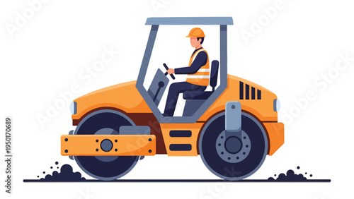 Road Roller Operator in Action: A diligent operator navigates a vibrant road roller, ensuring the smooth compaction of asphalt and overseeing the building process.