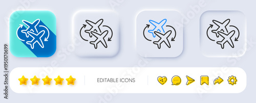 Connecting flight line icon. Neumorphic, Flat shadow, 3d buttons. Change airplane sign. Airport symbol. Line connecting flight icon. Social media icons. Vector