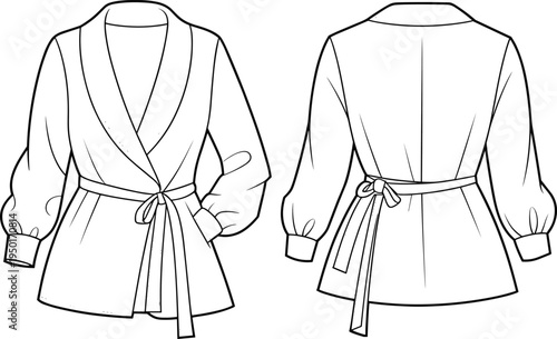 Fashion flat sketch belted women’s wrap blouse, long sleeve top with cuffs and shawl collar, stylish technical vector drawing.