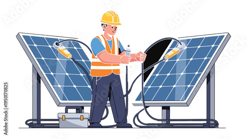 Harnessing Solar Energy: An electrician, in a safe manner, skillfully installs and maintains solar panels, representing the sustainable energy future. 