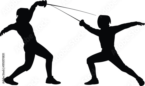 Silhouette of two professional fencers in action during a competitive sports match