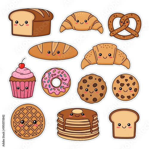 Cute kawaii baked goods illustration: a delightful collection of sweet breakfast treats with friendly cartoon faces, on white.