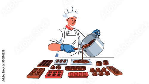Artisan's Delight: A culinary artisan crafts delectable chocolates, pouring rich, molten chocolate into molds with precision and care, creating exquisite confections.