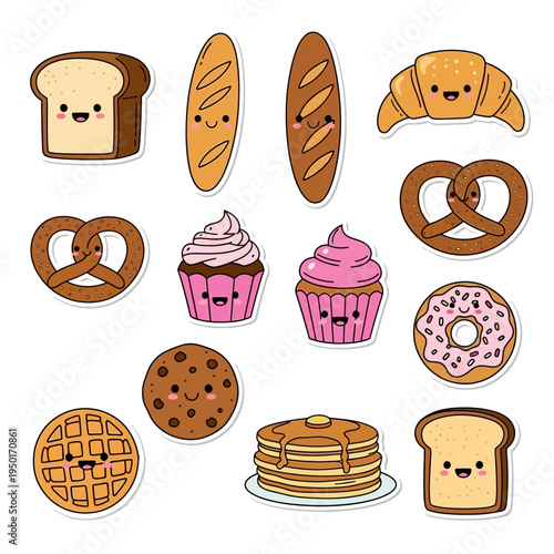 Adorable Cartoon Breakfast and Bakery Treats Sticker Set with Happy Faces, Sweet Baked Goods Isolated on White for Fun Designs and Creative Projects