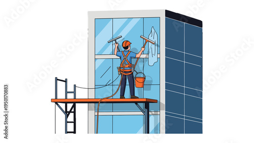 Clean Vista: A window cleaner on a scaffold, meticulously washing the glass of a modern skyscraper, reflecting professionalism and diligent service.