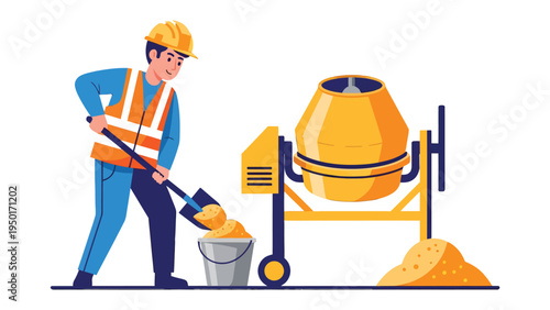 Construction Worker at Work: A construction worker, equipped with a safety vest and helmet, skillfully operates a concrete mixer, showcasing the process of construction with dedication and precision.