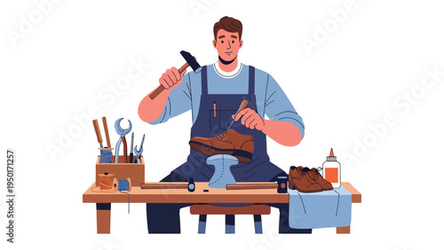 Craftsman's Workshop: A dedicated craftsman meticulously repairs a shoe in his workshop, utilizing traditional tools and techniques.