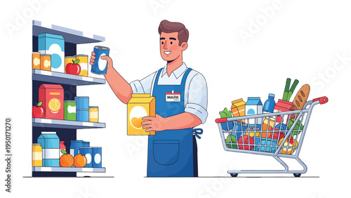 Grocery Shopping at Supermarket: A friendly store employee meticulously stocks shelves while a shopping cart brimming with groceries stands ready for purchase.