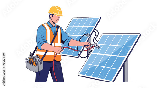 Solar Panel Technician at Work: An electrician meticulously inspects solar panels, ensuring optimal function, showcasing the essence of sustainable energy and technological advancement.