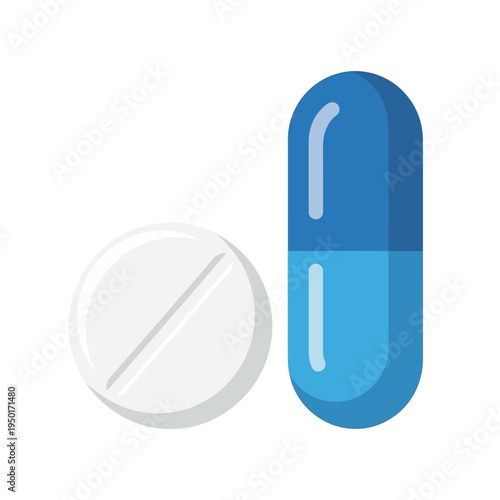 Vector illustration of a white round tablet and a blue capsule, symbolizing medication, healthcare, and pharmaceutical treatment. Essential graphic