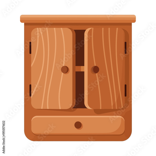 Minimalist wooden cabinet vector illustration with open doors and bottom drawer, showcasing texture. Great for home furniture, storage, and interior design