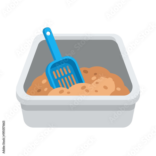 A clear vector icon illustrating a clean cat litter box with a blue scooper, symbolizing essential pet hygiene, animal care, and responsible domestic feline ownership needs