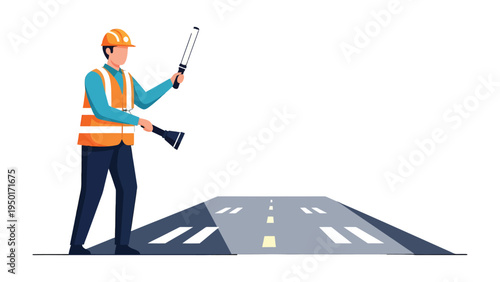 Airport runway engineer: An airport engineer stands next to a simplified airport runway design, clad in a safety vest and hardhat, examining blueprints and guiding operations.