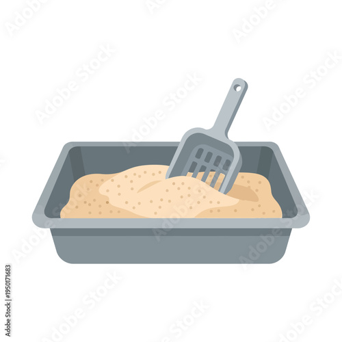 Clean feline litter box vector graphic with sand-like absorbent granules and a scoop for pet hygiene. A modern digital illustration for animal care, health, and supplies concept