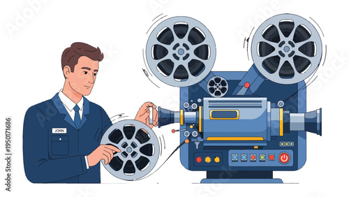 Cinema Technician: A skilled technician diligently operates vintage cinema equipment, demonstrating expertise in the art of film.