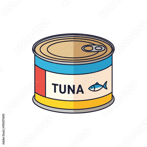 A vibrant, modern vector illustration of a sealed metal can of savory tuna fish, a versatile pantry staple for quick, healthy, and easy meal preparations and culinary designs