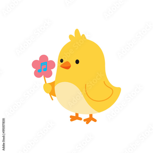 Cute yellow cartoon baby chick vector illustration holding a pink flower with a musical note, perfect for spring, Easter, childhood, and delightful playful designs