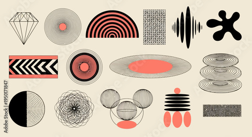 Diverse set of abstract geometric graphic elements featuring retro-inspired shapes, dynamic patterns, and subtle textures, ideal for contemporary design applications