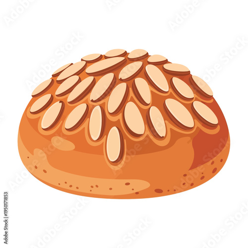 Vector art of a delicious fresh baked sweet bun, featuring a golden crust and crunchy almond topping. Ideal for bakery menus, dessert promotion, food blog