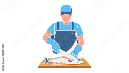 Fishmonger at Work: A skilled fishmonger expertly fillets a fresh fish on a wooden cutting board, showcasing a seamless blend of technique and tradition. The illustration captures a culinary moment.