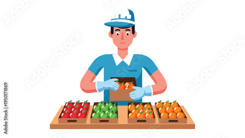 Fresh Produce Prep: A diligent worker meticulously prepares a display of vibrant fruits and vegetables, showcasing the bounty of the harvest and the care taken in the food handling process.