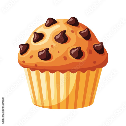Vibrant vector illustration of a delicious chocolate chip muffin, freshly baked with a golden-brown top and generous chocolate pieces, ideal for promotions