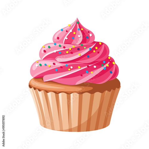 Vector art a charming sweet cupcake with fluffy pink frosting, adorned with vibrant, colorful confectionery sprinkles. Perfect for any dessert themed graphic