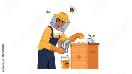 Harmony of the Hive: An industrious beekeeper, clad in protective gear, carefully tends to the beehive, showcasing the symbiotic dance between humans and nature.