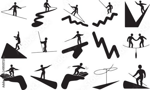 A comprehensive vector collection of black silhouettes featuring people engaged in fitness, sports, and exercise including yoga, gymnastics, tennis, and swimming icons for illustrative design