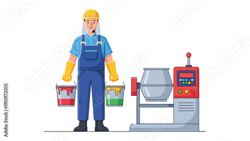 Construction worker with Mixing Machine and buckets: A construction worker stands confidently with mixing machine and buckets. Ready for the next project 