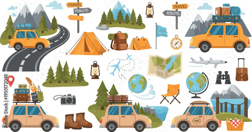 Travel Adventure and Camping Road Trip Illustration Set Featuring SUV Cars, Mountain Landscape, Tent Camping, Backpack Gear, Map Navigation and Outdoor Tourism Elements
