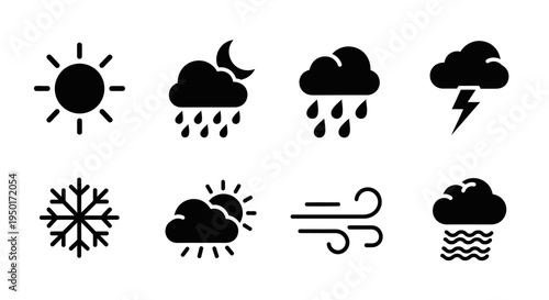 Dynamic Weather Icon Collection A Comprehensive Set of Black Vector Pictograms Illustrating Diverse Meteorological Conditions for Digital Interfaces and Forecasts