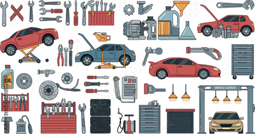 Car Repair and Auto Mechanic Workshop Tools Illustration Set Featuring Vehicles, Wrenches, Engine Parts, Tire Service Equipment and Automotive Maintenance Garage Elements