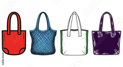 Diverse Collection of Illustrated Tote Bags Featuring Unique Designs, Ideal for Sustainable Shopping, Fashion Accessories, and Practical Daily Carry Solutions