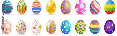 Set of cute colorful 3d realistic Easter eggs on isolated background, decorative vector elements collection illustration set.