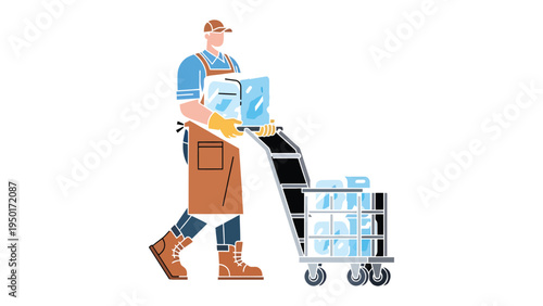 Man delivering Water: A delivery man is confidently pushing a filled cart with multiple containers of water, ready to ensure hydration and service, against a neutral background.
