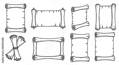 Collection of scrolled paper documents and rolled parchment in various styles, for a classic vintage feel