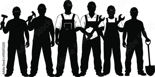 Six construction workers in silhouette with various tools silhouettes hard hats