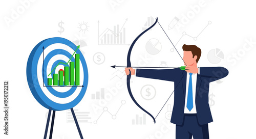 Strategic business growth and success illustration, showing a person aiming a bow and arrow at a bullseye with a rising financial chart