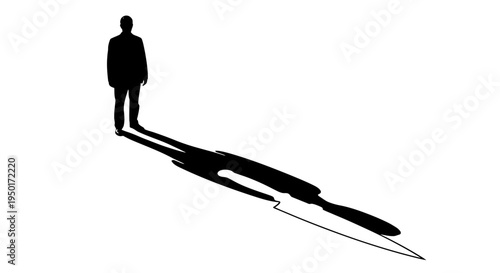 Striking black and white illustration of a lone figure casting an elongated shadow that sharply transforms into a menacing blade, symbolizing hidden dangers and the darker aspects of human nature