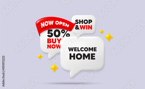 Welcome home speech bubbles. Now open flag ribbon. Welcome home tag. Home invitation offer. Hello guests message. Discount chat bubbles with 3d sparkles. Vector