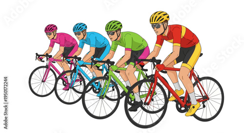Dynamic Vector Illustration of Four Diverse Male Cyclists Competing in an Exhilarating Road Race, Showcasing Athleticism, Speed, and Teamwork Against a Clean White Background
