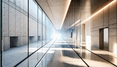 Modern minimal architectural corridor with glass reflections and natural light perspective