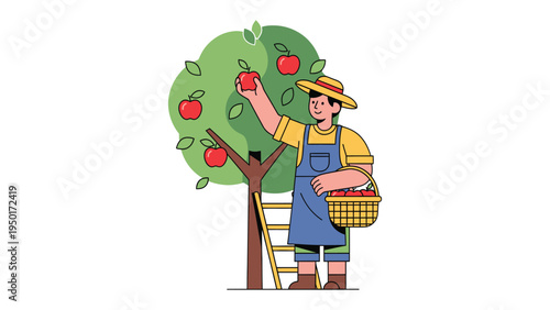 Apple Harvesting: A farmer harvests ripe red apples from a tree, using a ladder and basket to collect the fruit, in a serene, nature-inspired illustration.